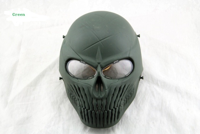 Skull Camouflage Wargame Paintball Airsoft CS Full Face Mask Green - Click Image to Close